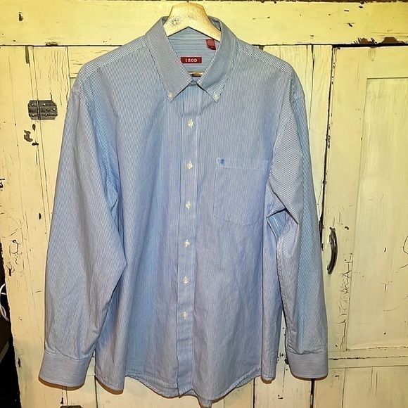 Izod Blue and White Striped Long Sleeve Button Down - Picture 3 of 10